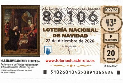 Anverso del d&eacute;cimo 89106 de la Loter&iacute;a de Navidad 2026, de Villena (Alicante)